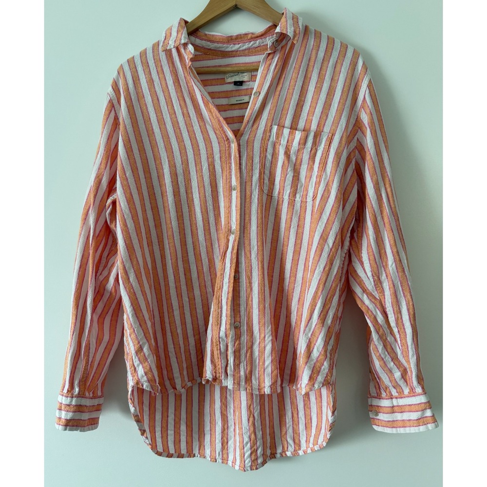 Universal Thread Relaxed Fit Button Down Shirt Orange White Striped Linen Blend